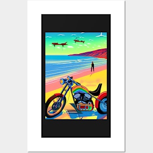 HIP GIRL ON BEACH WITH MOTORCYCLE RETRO Posters and Art